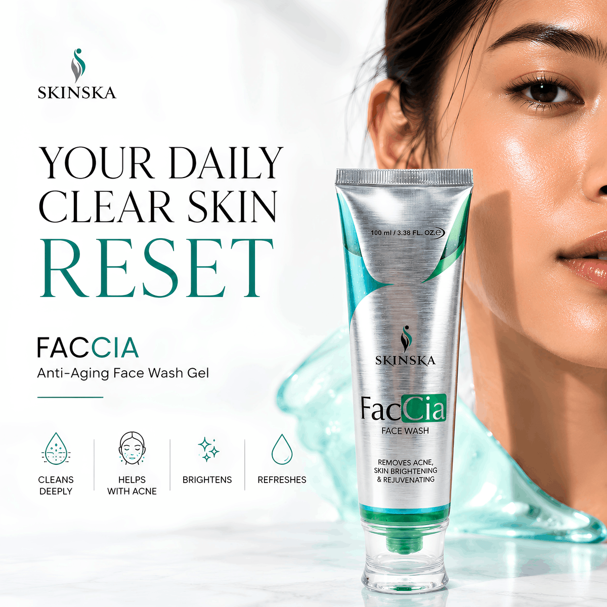 Faccia Anti-Acne Face Wash - Glycolic Acid, Vitamin E & Aloe Vera | Oil Control Cleanser