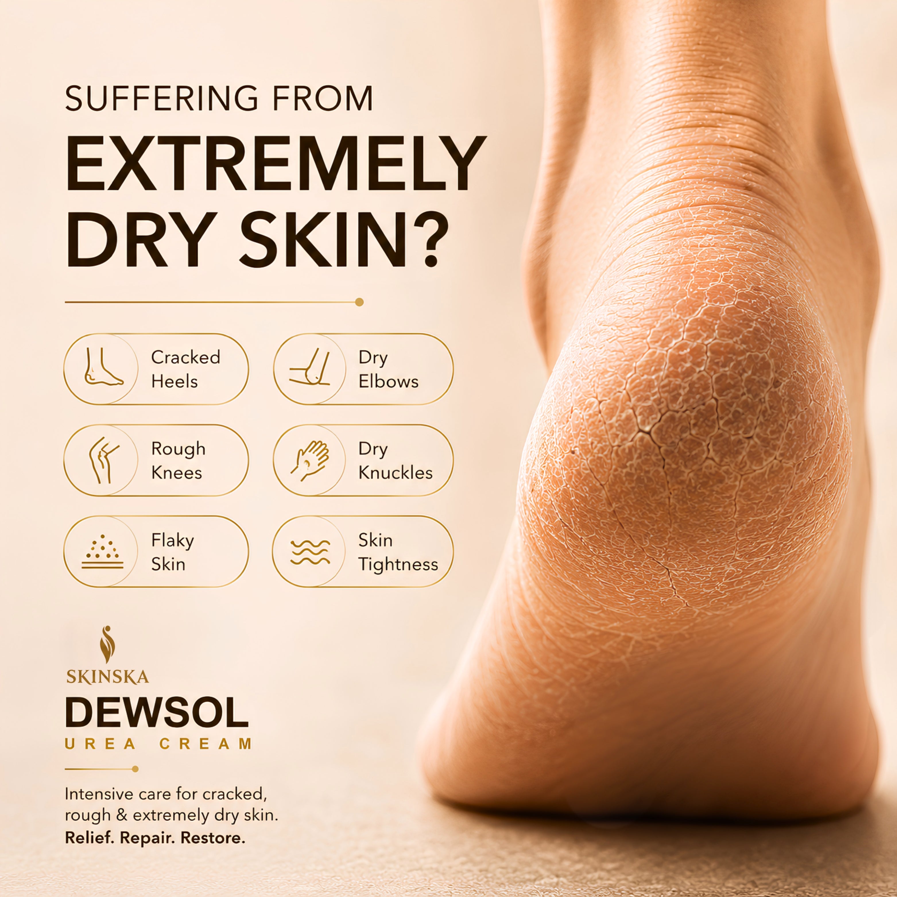 Dewsol Urea Cream with Glycolic Acid | Intensive Moisturiser for Cracked Heels & Dry Skin