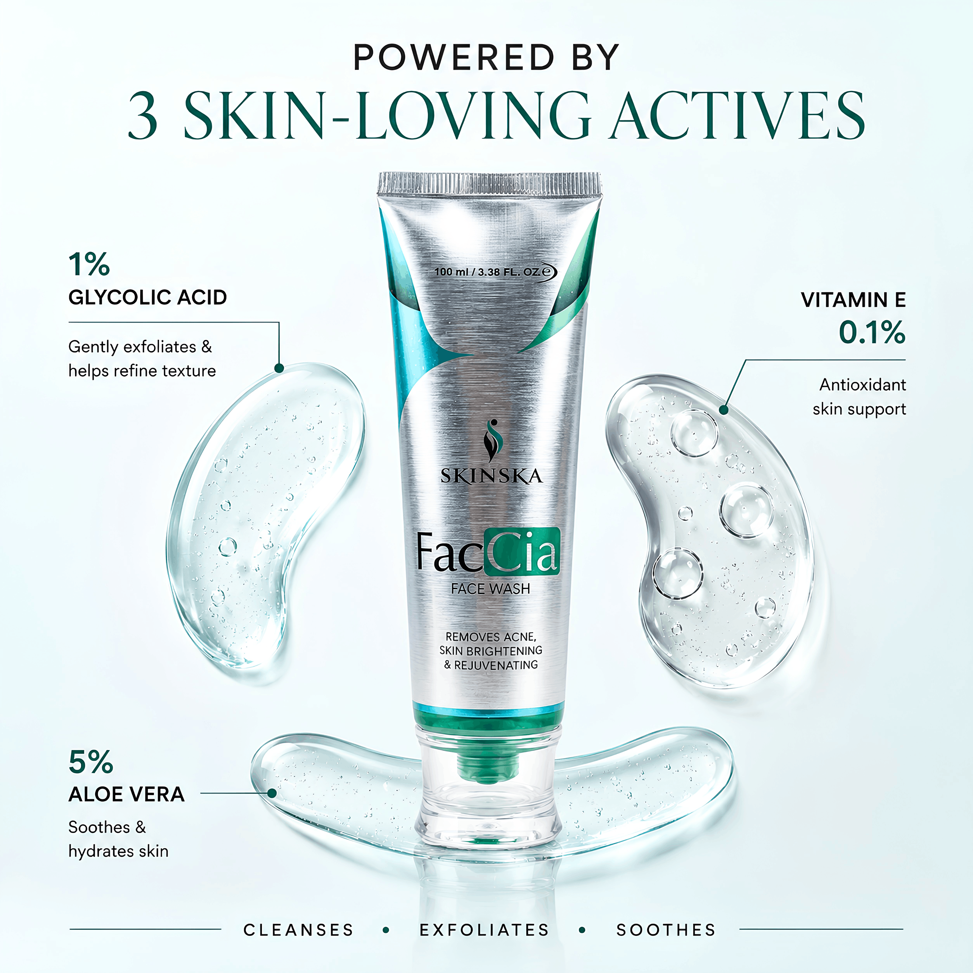 Faccia Anti-Acne Face Wash - Glycolic Acid, Vitamin E & Aloe Vera | Oil Control Cleanser