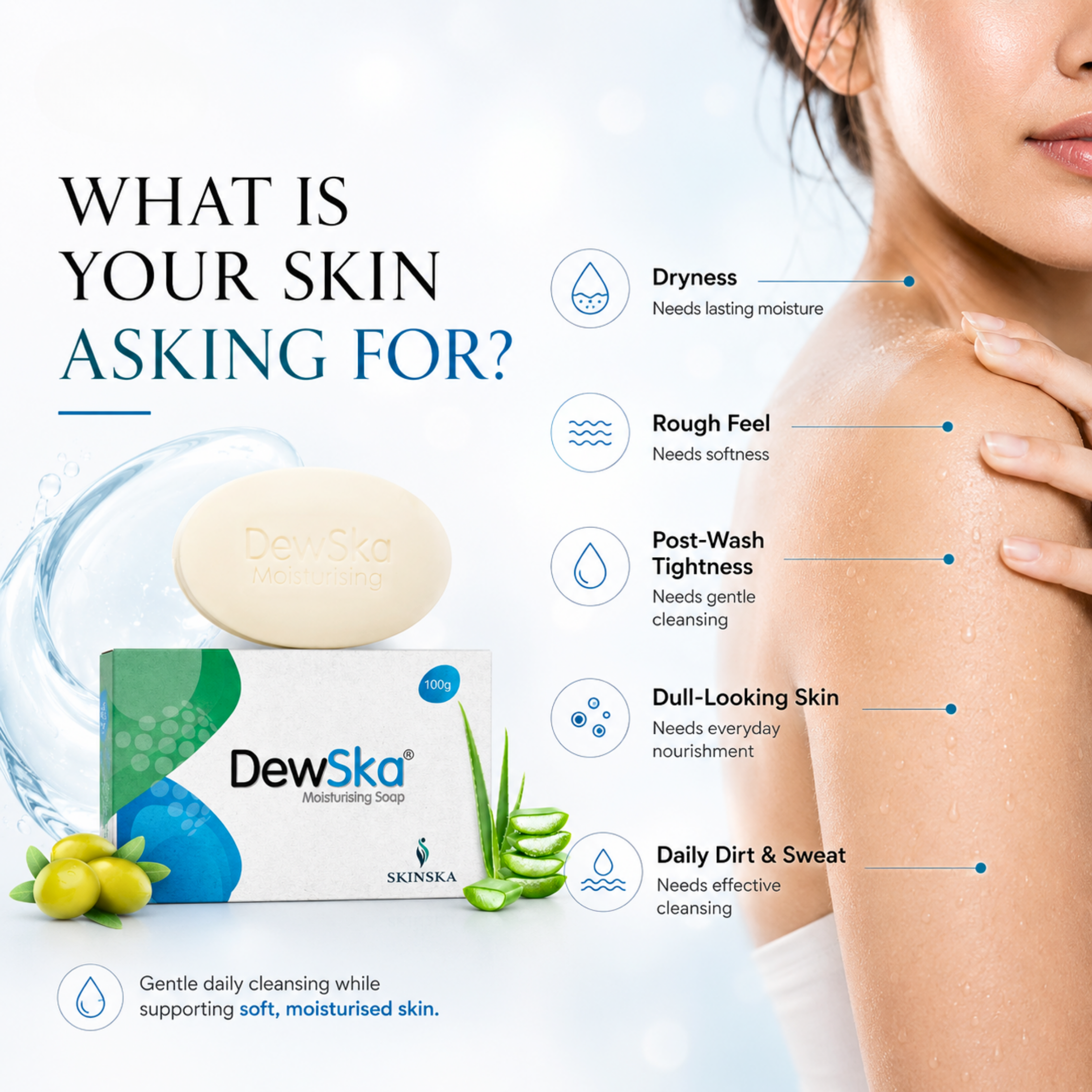 Dewska Moisturizing Soap for Dry & Rough Skin | With Olive Extract, Almond Oil, Vitamin E & Shea Butter