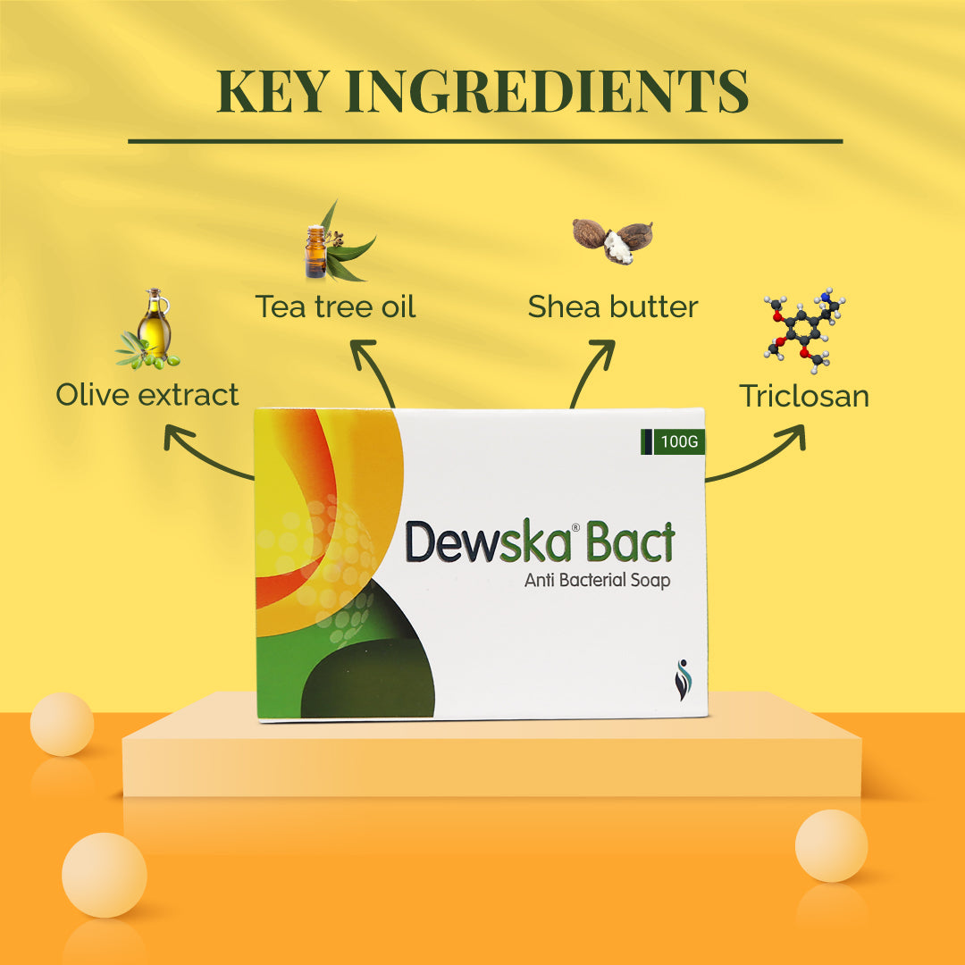 Dewska Bact anti bacterial soap with tea tree oil, turmeric, aloe vera and shea butter to prevent fungal and acne break out