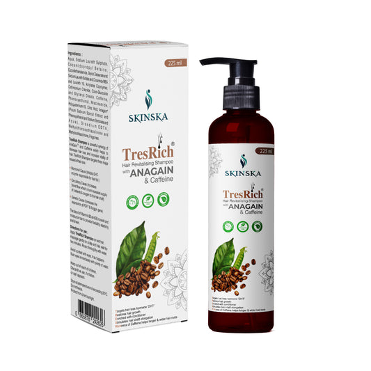 TresRich revitalising shampoo with Anagain and Caffeine to prevent hair loss Also contains  cetrimonium chloride, olive oil PEG 7 esters, niacinamide and D - pantheonl