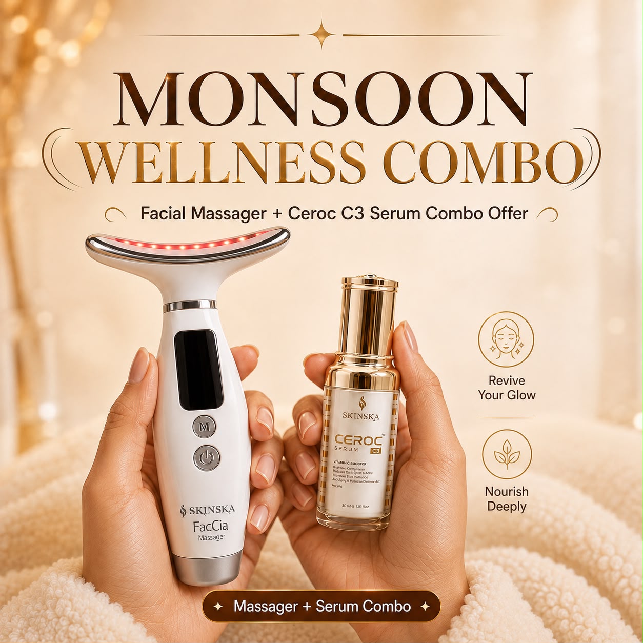 Skinska Glow Duo | Faccia LED Facial Massager + Ceroc C3 Vitamin-C Face Serum | Brightening & Firming Combo For Face & Neck