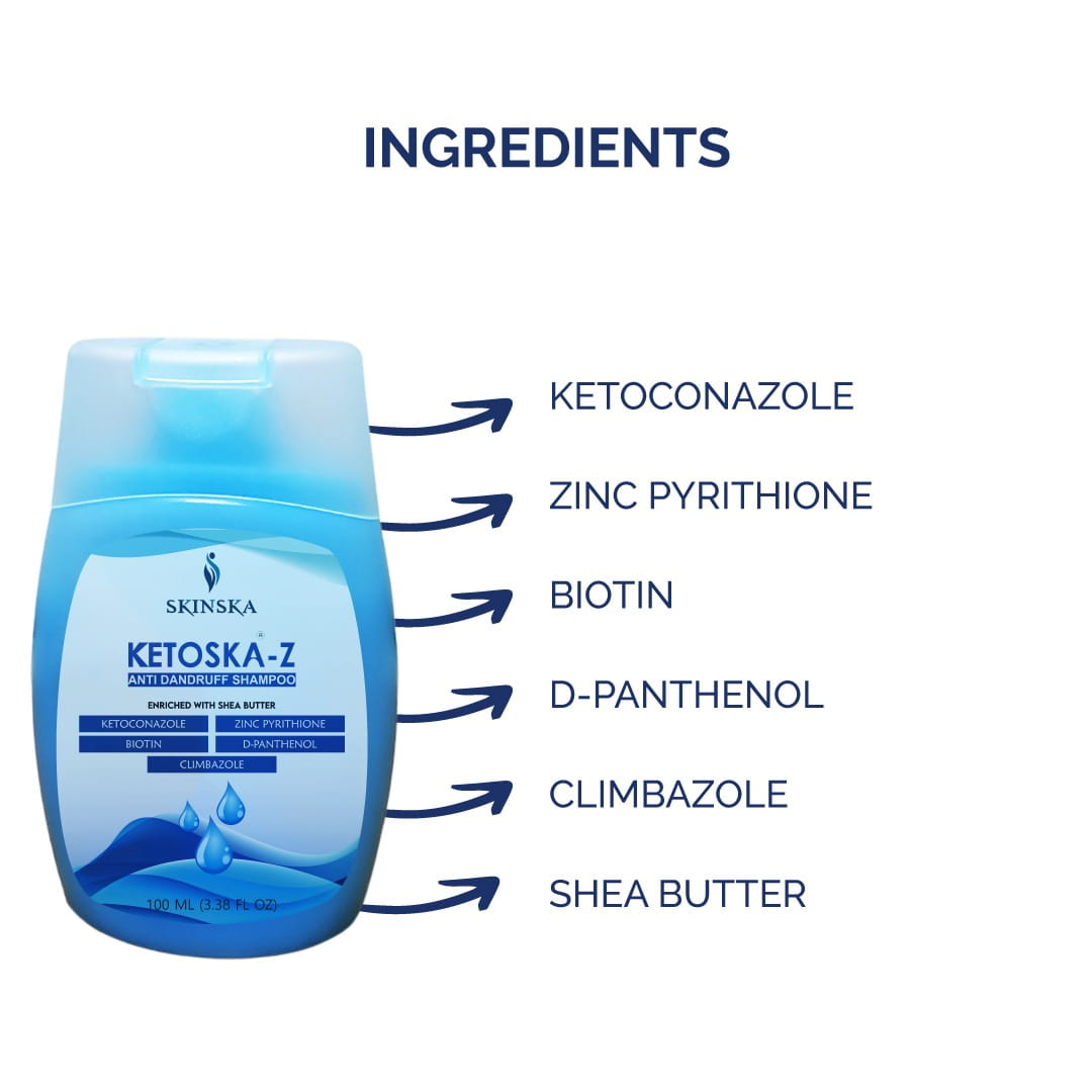Ketoska-Z Anti Dandruff shampoo with Ketoconazole to fight dandruff Also contains zinc pyrithione, biotin, d-Panthenol, climbazole and shea butter