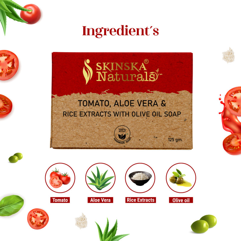 Skinska Naturals Tomato, Aloe Vera & Rice Extracts Handmade Soap | Moisturizing & Brightening Bath Bar with Olive Oil