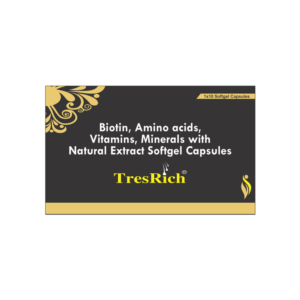 TresRich soft gel capsules, with biotin for hair growth Also contains vitamins, minerals, amino acids and natural extracts