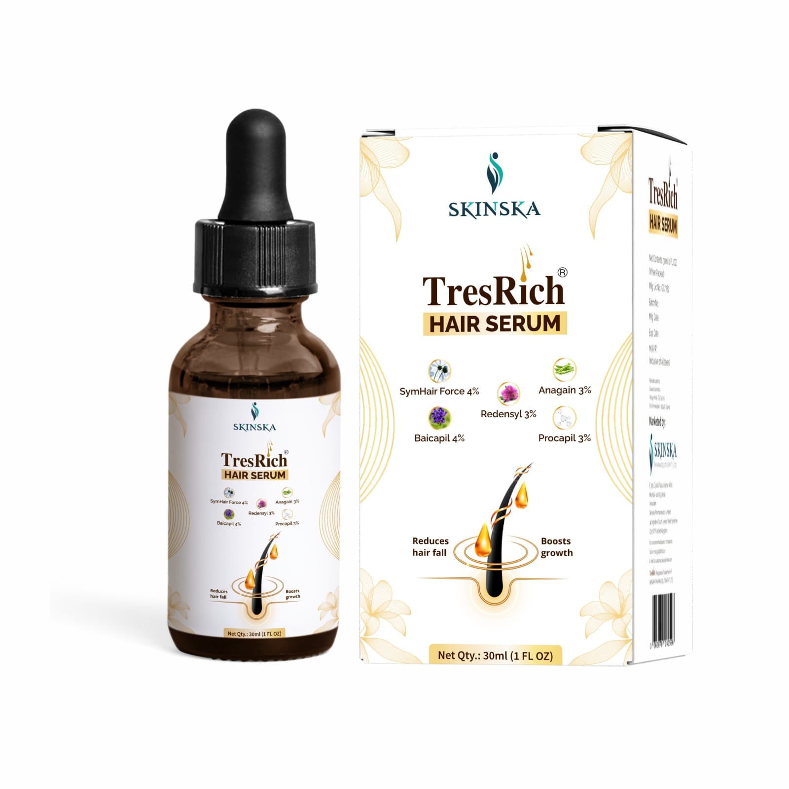 TresRich hair serum with redensyl 3% for hair growth Also contains anagain 3%, procapil 3%, baicapil 4% and symhair force 4% for hair growth